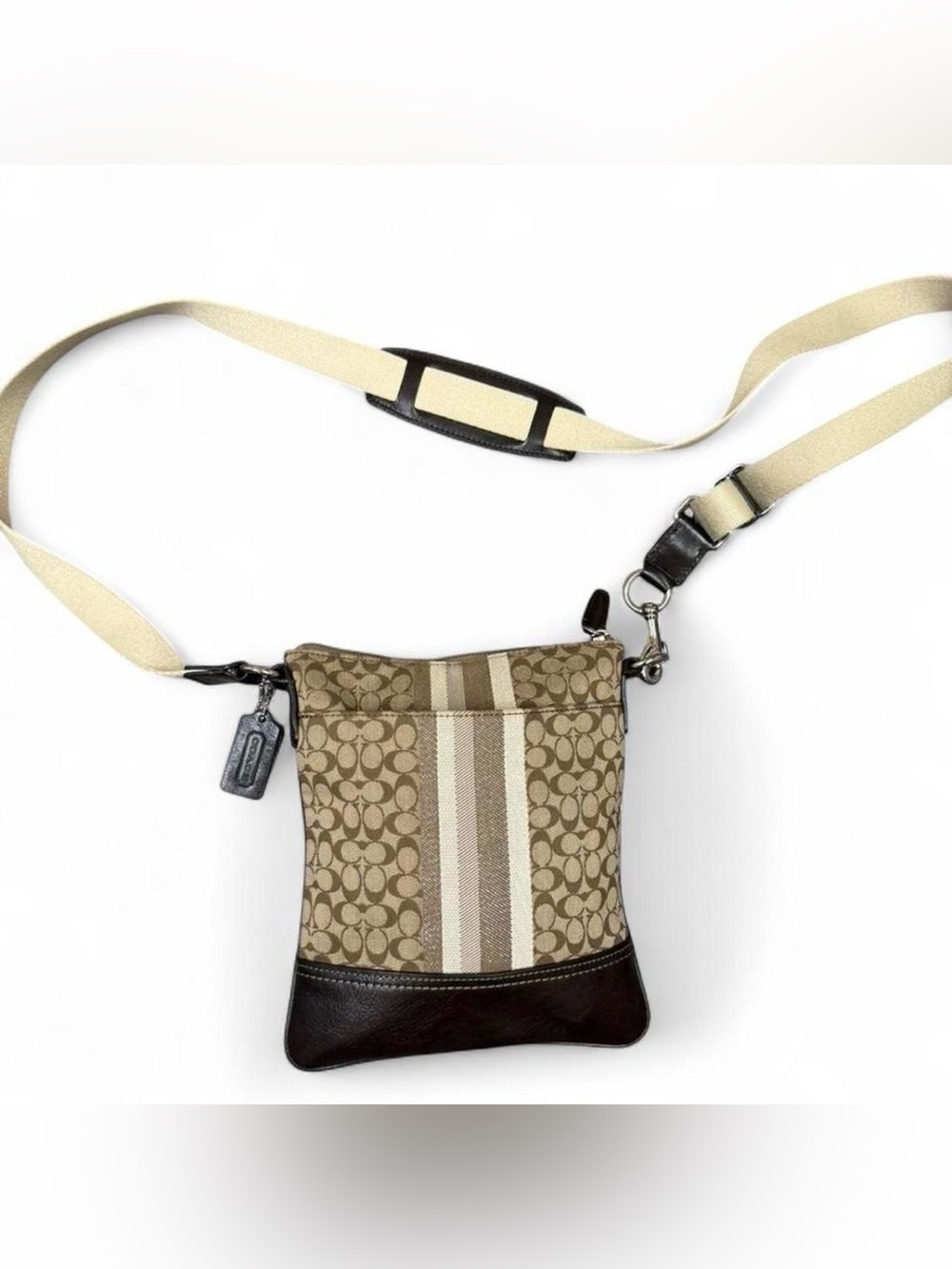 Coach Signature Crossbody Bag Brown Tan Stripe Small Swingpack Purse